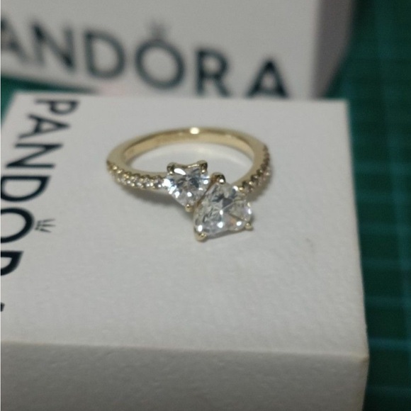 Pandora Double Heart Sparkling Ring - Gold and Silver - Picture 1 of 5